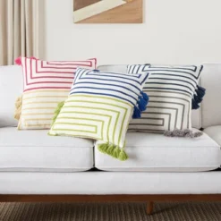 18"x18" Life Styles Geometric Lines Square Throw Pillow Light Gray/Navy - Mina Victory