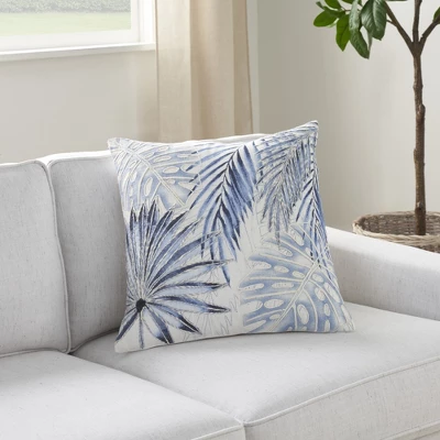 Mina Victory Life Styles Embroidered Palms 18" X 18" Blue Indoor Pillow Cover 1 Mina Victory Life Styles Embroidered Palms 18" X 18" Blue Indoor Pillow Cover