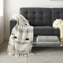 50"x60" Ribbed With Pom-Pom Throw Blanket Black/Ivory - Mina Victory -Mina Comfort Outlet Store GUEST 5e760b63 7e1e 4ff1 b3e3 a5ef0858b96f
