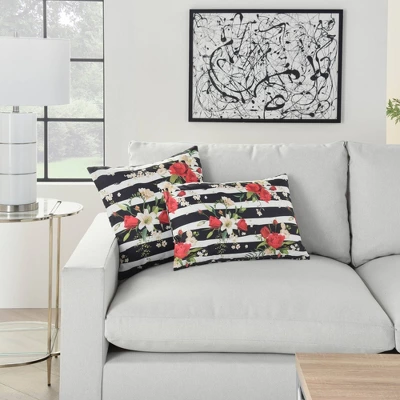 Reversible Indoor/Outdoor Rose And Zebra Print Throw Pillow Black/White - Mina Victory 2 Reversible Indoor/Outdoor Rose And Zebra Print Throw Pillow Black/White - Mina Victory - Image 2