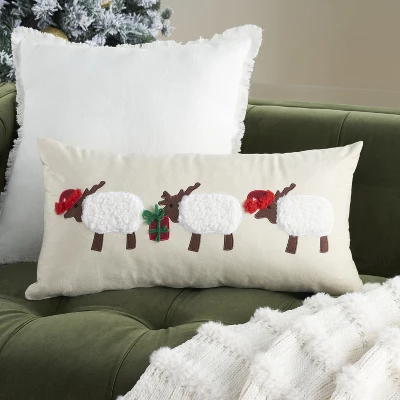 Mina Victory Holiday Applique Sheep 12" X 24" Beige Throw Pillow 1 Mina Victory Holiday Applique Sheep 12" X 24" Beige Throw Pillow