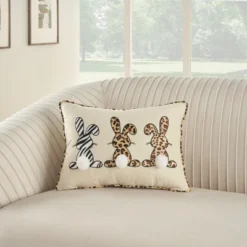 Mina Victory Holiday Applique Bunnies 14" X 20" Beige Throw Pillow