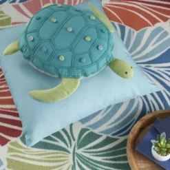 Mina Victory Plush Lines Plush Turtle 13" X 14" Turquoise Throw Pillow
