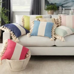 Mina Victory Life Styles Color Block Stripes With Tassel 18"x18" Indoor Throw Pillow -Mina Comfort Outlet Store GUEST d2944f84 b365 4274 903b f13f29ead5c3