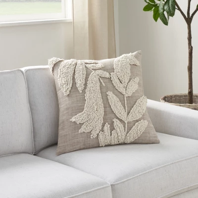 Mina Victory Life Styles Emroidered Leaves 18" X 18" Natural Indoor Pillow Cover 1 Mina Victory Life Styles Emroidered Leaves 18" X 18" Natural Indoor Pillow Cover